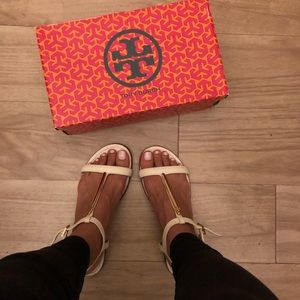 Tory Burch Gold Bar T Strapped sandal. Off white.